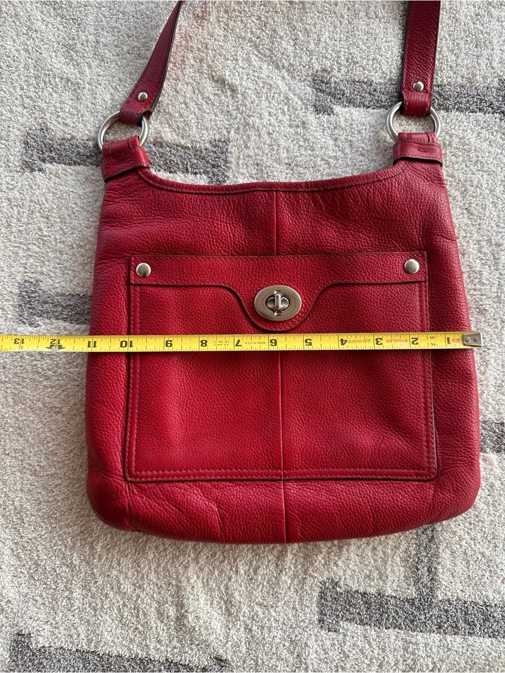 Coach Red Pebbled Leather Shoulder Bag with Turnlock Pocket